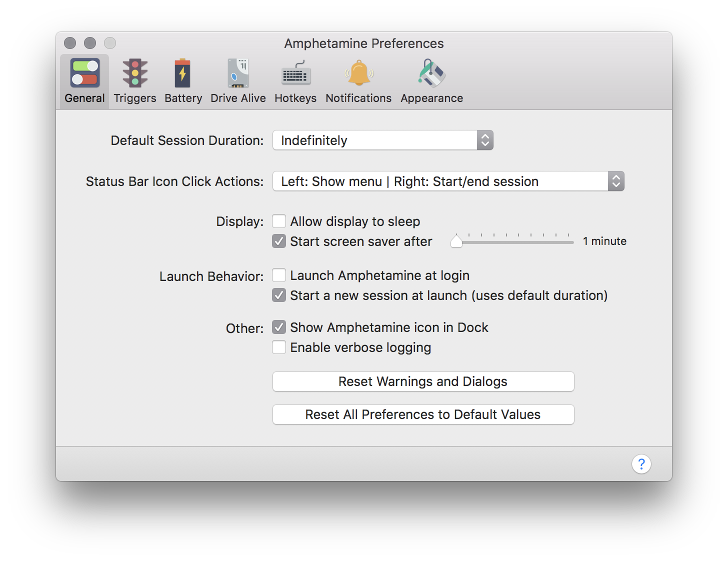 Amphetamine app preferences window