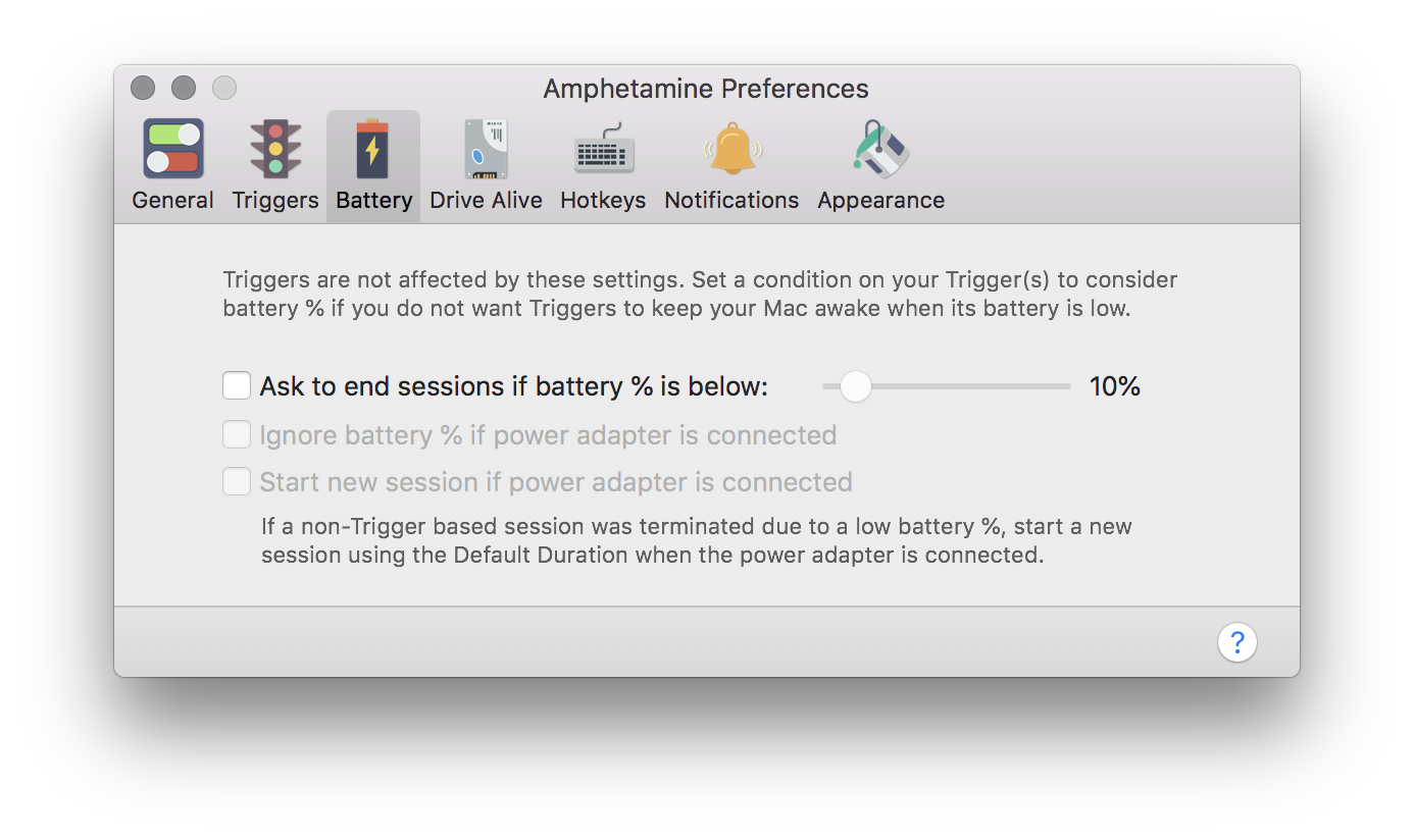 Battery level preferences window