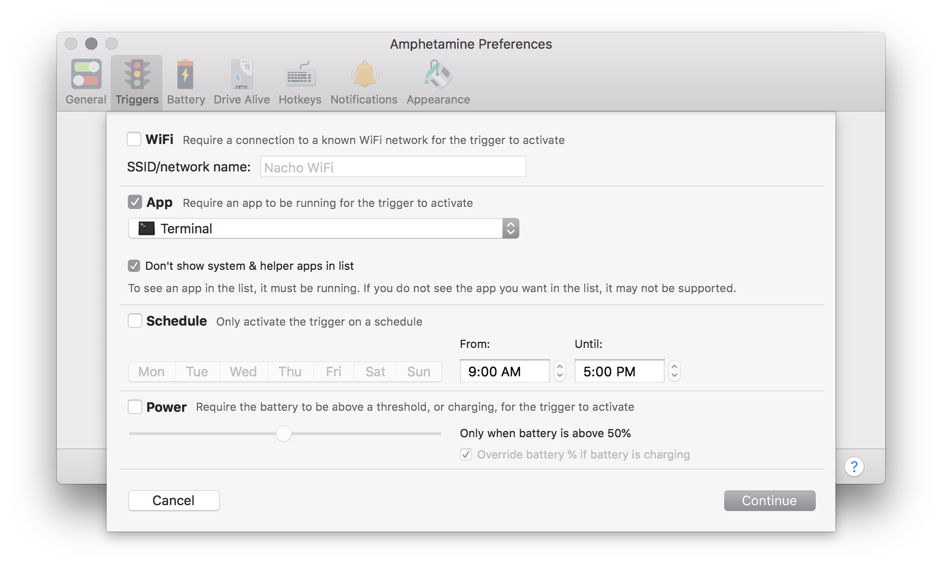 Triggers preferences window